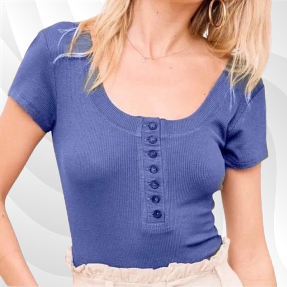 2/$30 Lulus Blue Ribbed Henley Cropped Tee Size L | Casual Stretch Knit Top